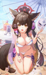 Rule 34 | 1girl, absurdres, animal ears, bare shoulders, beach, bead bracelet, beads, bikini, blue archive, blurry, bow, bracelet, breasts, brown hair, cleavage, depth of field, fang, flower, fox ears, fox girl, fox mask, fox tail, hair bow, hair flower, hair ornament, halo, hand on own thigh, hand up, highres, holding, holding mask, jewelry, large breasts, long hair, looking at viewer, low ponytail, mask, unworn mask, nail polish, navel, official alternate costume, oil-paper umbrella, open mouth, pink nails, seiza, shawl, sitting, smile, solo, stomach, string bikini, swimsuit, tail, thigh gap, thigh strap, thighs, umbrella, very long hair, wakamo (blue archive), wakamo (swimsuit) (blue archive), white bikini, whoing x2, yellow eyes