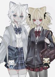 2girls absurdres aegyo_sal angel_wings animal_ears bag black_bow black_bowtie black_dress black_jacket blonde_hair blue_bow blue_bowtie blue_eyes blue_shorts blue_skirt bow bowtie cat cat_ears cat_girl collared_shirt demon_wings dress hair_between_eyes hair_ornament hairpin highres jacket long_hair looking_at_viewer multiple_girls open_clothes open_jacket original oysi_mysi plaid_clothes plaid_skirt red_bow red_bowtie red_eyes red_skirt school_bag school_uniform shirt short_hair shorts signature simple_background skirt thighhighs white_background white_hair white_jacket wings zettai_ryouiki