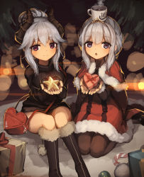 Rule 34 | 2girls, :o, asicah, bag, black legwear, blue eyes, blush, boots, box, candy, candy cane, capelet, christmas, cup, fingerless gloves, folded ponytail, food, fur trim, gift, gift box, giving, gloves, grey hair, hair flaps, heart, holding, holding gift, horns, knee boots, knees up, long hair, long sleeves, looking at viewer, multiple girls, on head, open mouth, original, pantyhose, santa costume, seiza, shoulder bag, sidelocks, sitting, smile, sparkle, star (symbol), steam, sweater, tiara