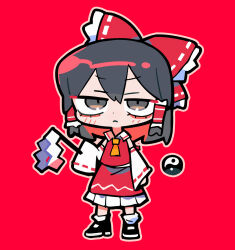 Rule 34 | 1girl, :&lt;, ascot, black eyes, black footwear, black hair, bow, chibi, closed mouth, detached sleeves, frilled bow, frilled hair tubes, frills, full body, gohei, hair bow, hair tubes, hakama, hakama skirt, hakurei reimu, highres, holding, holding gohei, japanese clothes, jitome, looking at viewer, medium hair, miko, outline, red background, red bow, red hakama, ribbon-trimmed sleeves, ribbon trim, simple background, skirt, solo, terada tera, touhou, white outline, white sleeves, yellow ascot, yin yang