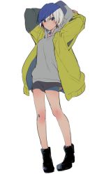 Rule 34 | 1girl, ankle boots, arms behind back, black footwear, blue eyes, boots, closed mouth, commentary request, full body, grey hoodie, grey shorts, highres, hood, hoodie, jacket, long sleeves, looking at viewer, musshu (omu001), open clothes, open jacket, original, pigeon-toed, short hair, short shorts, shorts, silver hair, simple background, solo, standing, white background, yellow jacket