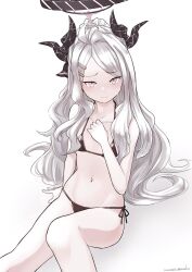 Rule 34 | 1girl, bare shoulders, bikini, blue archive, blush, breasts, collarbone, greyscale, hair ornament, hairclip, halo, highres, hina (blue archive), horns, long hair, looking at viewer, monochrome, multiple horns, navel, nosuku, parted bangs, sitting, small breasts, smile, solo, swimsuit, thighs