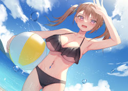 Rule 34 | 1girl, alexmaster, arm up, armpits, ball, bare arms, bare shoulders, beach, beachball, bikini, black bikini, breasts, brown hair, cleavage, cloud, cowboy shot, day, dutch angle, hair ornament, hair scrunchie, halterneck, halterneck, large breasts, long hair, looking at viewer, navel, navel piercing, open mouth, original, outdoors, piercing, pink eyes, revision, scrunchie, shading eyes, solo, stomach, string bikini, sunlight, swimsuit, thighs, twintails, underboob, wet