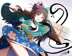 Rule 34 | 10s, 1girl, 2013, alternate costume, bow, brown hair, capelet, feathers, female focus, flower, hair bow, hair ornament, japanese clothes, long hair, new year, obi, open mouth, paddle, ponytail, red eyes, reiuji utsuho, sash, snake, solo, star-shaped pupils, star (symbol), symbol-shaped pupils, touhou, tri, wings