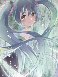 Rule 34 | 1girl, aoiyui, aqua eyes, aqua hair, bare shoulders, black sleeves, commentary, detached sleeves, digital dissolve, from side, grey shirt, hair ornament, hatsune miku, hatsune miku no shoushitsu (vocaloid), leaning forward, light smile, long hair, looking at viewer, looking to the side, shirt, signature, sleeveless, sleeveless shirt, solo, twintails, upper body, very long hair, vocaloid