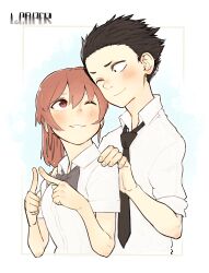 Rule 34 | 1boy, 1girl, artist name, black bow, black bowtie, black eyes, black hair, black necktie, bow, bowtie, closed mouth, collared shirt, commentary, english commentary, highres, ishida shouya, koe no katachi, lecaper, looking at another, necktie, nishimiya shouko, one eye closed, orange eyes, orange hair, ponytail, school uniform, shirt, short hair, short sleeves, simple background, smile, spiked hair, upper body, white background