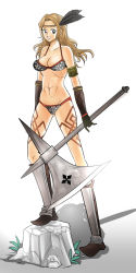 Rule 34 | 1girl, abs, amazon (dragon&#039;s crown), amazon warrior, armor, axe, bikini, blonde hair, breasts, dragon&#039;s crown, female focus, full body, gradient background, greaves, highres, nakasone haiji, nature, plant, solo, swimsuit, weapon