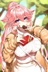 Rule 34 | 1girl, absurdres, alternate costume, bag, breasts, candy, casul, chocolate, chocolate heart, earrings, food, genshin impact, handbag, heart, heart-shaped pupils, highres, jewelry, large breasts, long hair, looking at viewer, necklace, pink hair, ponytail, purple eyes, solo, symbol-shaped pupils, yae miko