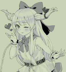 Rule 34 | 1girl, ;), bare shoulders, belt, blowing kiss, blush, bow, bowtie, buttons, commentary request, cuffs, fingernails, flat chest, green theme, hair bow, heart, horn bow, horn ornament, horns, ibuki suika, lips, long hair, looking at viewer, monochrome, natsushiro, one eye closed, oni horns, parted lips, pointy ears, shirt, sidelocks, simple background, sleeveless, sleeveless shirt, smile, solo, torn clothes, touhou, traditional media, upper body, very long hair, wrist cuffs