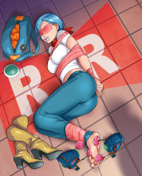 Rule 34 | 1girl, abduction, absurdres, ass, barefoot, bdsm, belly, blindfold, blue hair, bondage, bound, bound ankles, bound wrists, breasts, bulma, cleavage, cloth gag, denim, dragon ball, dragon ball (object), dragon ball super, dragon radar, earrings, feet, gag, gagged, highres, improvised gag, jeans, jewelry, kidnapped, lipstick, lost one zero, makeup, navel, pants, scarf, shadow, shirt, shoes, unworn shoes, tape, tape bondage, tickling, toes, white shirt