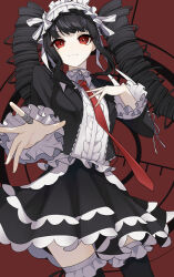 Rule 34 | 1girl, absurdres, black hair, black skirt, black thighhighs, bonnet, celestia ludenberg, center frills, closed mouth, collared shirt, danganronpa: trigger happy havoc, danganronpa (series), drill hair, frilled skirt, frills, gothic lolita, hand up, highres, jacket, layered skirt, lolita fashion, long hair, long sleeves, looking at viewer, miik (xhsa3585), open clothes, open jacket, red background, red eyes, shirt, shirt tucked in, skirt, smile, solo, thighhighs, twin drills, twintails, white shirt