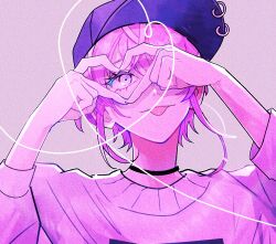 Rule 34 | 1boy, amemura ramuda, baseball cap, black choker, black hat, choker, grey background, hat, heart, heart hands, heart of string, hypnosis mic, long sleeves, male focus, moniinmo, multicolored hair, one eye covered, pink eyes, pink hair, purple hair, simple background, solo, sweater, tongue, tongue out, white hair, white sweater