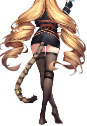 Rule 34 | 1girl, am1m, arknights, ass, black gloves, black panties, black skirt, black thighhighs, blonde hair, drill hair, from behind, gloves, hand up, head out of frame, highres, holding, holding money, long hair, long sleeves, money, no shoes, panties, pencil skirt, simple background, skirt, solo, standing, swire (arknights), tail, thigh strap, thighhighs, tiger tail, underwear, white background