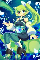 Rule 34 | 1girl, blue eyes, blush, bodysuit, bow, breasts, character request, copyright request, crystal, detached sleeves, green hair, green thighhighs, hair bow, iroyopon, large breasts, long hair, long sleeves, looking at viewer, open mouth, side ponytail, smile, solo, thighhighs, triangle mouth, underwater, water, white bow