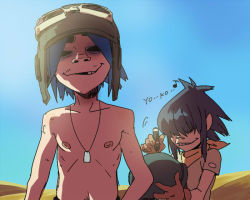 Rule 34 | 1boy, 1girl, 2d (gorillaz), a-ka, backlighting, blue sky, day, desert, dog tags, empty eyes, english text, flat chest, goggles, goggles on headwear, gorillaz, helmet, looking at viewer, male nipples, marker, missing tooth, musical note, nipples, no shirt, noodle (gorillaz), outdoors, pointy ears, romaji text, sand, sky, smile, stuart pot, topless male, writing