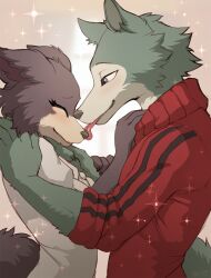 Rule 34 | 1boy, 1girl, ^, animal ears, beastars, blush, furry, hands on another&#039;s shoulders, highres, hioshiru-alter, juno (beastars), legoshi, licking, licking another&#039;s face, simple background, sparkle background, tail, wolf boy, wolf ears, wolf girl, wolf tail