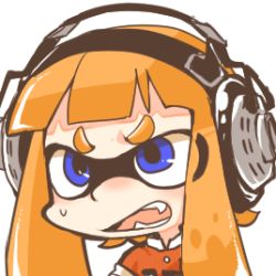 Rule 34 | 1girl, blue eyes, fang, headphones, inkling, inkling girl, inkling player character, long hair, lowres, nintendo, open mouth, orange hair, rebecca (keinelove), simple background, solo, splatoon (series), splatoon 1