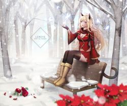 Rule 34 | 10s, 1girl, animal ears, arm support, arm up, artist name, bare tree, belt, bench, black thighhighs, blade &amp; soul, blonde hair, blurry, breasts, bug, butterfly, cross, day, dress, dungeon and fighter, fingerless gloves, flower, fog, gloves, highres, insect, jewelry, lips, lipstick, long hair, long sleeves, makeup, outdoors, pendant, pink lips, pleated skirt, ravaniz, red dress, red flower, scarf, sign, sitting, skirt, smile, snow, snowing, solo, thighhighs, tree, wide sleeves