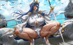 Rule 34 | 1girl, aircraft, armband, artist name, badge, blue eyes, blue hair, braid, breasts, epaulettes, gloves, goddess of victory: nikke, hat, helm (nikke), high heels, huge breasts, jacket, lexaiduer, lips, long hair, long sleeves, military hat, military jacket, military uniform, naval uniform, ocean, partially unbuttoned, peaked cap, ship, shorts, shoulder boards, solo, spread legs, squatting, sword, thick thighs, thighs, uniform, water, watercraft, weapon, white gloves, white jacket, white shorts