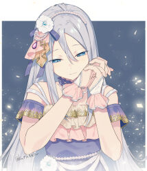 Rule 34 | 1girl, blue eyes, blue hair, border, closed mouth, commentary, dot nose, double-parted bangs, flower, hair between eyes, highres, interlocked fingers, outside border, own hands together, project sekai, short sleeves, sohu, solo, tagme, twitter username, upper body, white border, yoisaki kanade