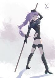Rule 34 | 1girl, arc the lad, black thighhighs, boots, breasts, closed mouth, cofffee, gloves, hat, kukuru (arc the lad), long hair, looking at viewer, medium breasts, ponytail, protected link, purple eyes, purple hair, simple background, solo, thigh boots, thighhighs, weapon, white background
