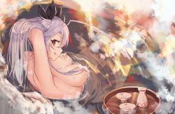Rule 34 | 1girl, :q, antenna hair, arm behind head, armpits, azur lane, bathing, black ribbon, blush, breasts, brown eyes, cup, hair between eyes, hair over breasts, hair ribbon, hand on own chest, highres, large breasts, long hair, looking at viewer, mole, mole on breast, multicolored hair, nude, onsen, prinz eugen (azur lane), red hair, ribbon, ripples, rock, silver hair, sitting, smile, solo, streaked hair, tapioka (oekakitapioka), tongue, tongue out, two side up, very long hair, wet