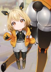 Rule 34 | 1girl, alcoholrang, arrow (symbol), ass, belt, black belt, blonde hair, blurry, blurry background, boots, headgear, highres, jacket, long sleeves, looking at viewer, mi-a (tower of fantasy), multiple views, open clothes, open jacket, orange eyes, orange jacket, parted lips, puffy long sleeves, puffy sleeves, reaching, reaching towards viewer, short hair, sparkle, standing, symbol-shaped pupils, thigh boots, tower of fantasy