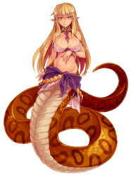 Rule 34 | 1girl, blonde hair, blush, bracelet, breasts, chain, choker, cleavage, earrings, highres, jewelry, kenkou cross, lamia, lamia (monster girl encyclopedia), large breasts, long hair, looking at viewer, midriff, monster girl, monster girl encyclopedia, official art, pointy ears, revision, scales, simple background, slit pupils, snake, solo, tail, white background, yellow eyes