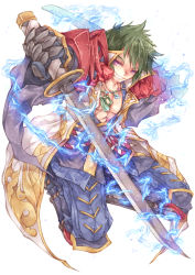 Rule 34 | 1boy, armor, blue kimono, blue pants, coat, commentary request, dual wielding, electricity, full body, gauntlets, green hair, grin, holding, holding sword, holding weapon, japanese armor, japanese clothes, jewelry, kagerou (ragnarok online), katana, kimono, looking at viewer, lunaraven, magatama, magatama necklace, magic, male focus, necklace, open clothes, open coat, open kimono, pants, purple eyes, ragnarok online, short hair, shoulder armor, simple background, smile, sode, solo, sword, weapon, white background, white coat