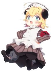 Rule 34 | 1girl, :d, ahoge, aizaki utau, animal ears, apron, armband, black footwear, blonde hair, bloomers, blue eyes, blush, brown dress, commentary request, di gi charat, dress, full body, hands on own hips, hat, highres, long sleeves, looking at viewer, mary janes, open mouth, piyoko, shoes, short hair, simple background, smile, solo, striped clothes, striped dress, underwear, vertical-striped clothes, vertical-striped dress, white apron, white background