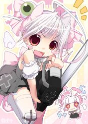 Rule 34 | + +, 1girl, :3, :d, absurdres, ahoge, animal slippers, armpit crease, back bow, bandaid, bandaid on leg, bare shoulders, black dress, blunt bangs, blush stickers, bow, bunny slippers, chain, chainsaw, chibi, chibi inset, clenched hand, closed mouth, collar, commentary, commission, detached sleeves, detached wings, dress, english commentary, eyeball hair ornament, fang, flat chest, foot out of frame, gauze, gauze on knee, hair bow, hair intakes, hair ornament, halo, highres, holding, holding chainsaw, huge ahoge, melting halo, metal collar, notice lines, open mouth, original, outline, pink bow, pink footwear, pink halo, puffy detached sleeves, puffy sleeves, red eyes, ryuudouji (p0myu), short hair, single thighhigh, skeb commission, skin fang, slippers, smile, solo, standing, standing on one leg, strapless, strapless dress, thighhighs, v-shaped eyebrows, white hair, white outline, white thighhighs, white wings, wings