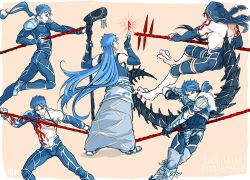 Rule 34 | 5boys, abs, armor, back, belt, blue hair, bodypaint, bodysuit, bracelet, claws, codpiece, crescent, crescent necklace, cu chulainn (caster) (fate), cu chulainn (fate), cu chulainn (fate) (all), cu chulainn (fate/prototype), cu chulainn (fate/stay night), cu chulainn (second ascension) (fate), cu chulainn alter (fate), cu chulainn alter (fate/grand order), detached sleeves, earrings, elbow gloves, fate/grand order, fate/prototype, fate/stay night, fate (series), fighting stance, fingerless gloves, from behind, from side, full body, fur, gae bolg (fate), gloves, greaves, harem pants, holding, holding weapon, jewelry, jumping, keyhof, lancer, long hair, male focus, monster boy, multiple boys, multiple persona, navel, necklace, official alternate costume, pants, pauldrons, ponytail, red eyes, rune, sandals, short hair, shoulder armor, skin tight, spiked hair, spikes, staff, strap, tail, tank top, type-moon, very long hair, weapon, wooden staff