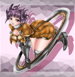 Rule 34 | 1041 (toshikazu), 1girl, :p, alternate costume, blade, breasts, cleavage, fur trim, jewelry, looking at viewer, mole, purple eyes, purple hair, ring, solo, soul calibur, soulcalibur iii, thighs, tira (soulcalibur), tongue, tongue out, weapon