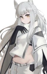 1girl animal_ear_fluff animal_ears arknights black_gloves brown_eyes closed_mouth elbow_gloves gloves grey_hair hand_up highres hinami047 horse_ears jacket long_hair looking_at_viewer platinum_(arknights) simple_background skirt solo very_long_hair white_background white_jacket white_skirt