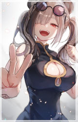 Rule 34 | 1girl, absurdres, animal ears, arknights, black dress, black hair, border, breasts, china dress, chinese clothes, cleavage, cleavage cutout, clothing cutout, dress, eyewear on head, feater (arknights), foreshortening, grey hair, hair over one eye, half-closed eyes, highres, large breasts, long hair, multicolored hair, nagute, open mouth, panda ears, red eyes, sleeveless, sleeveless dress, solo, streaked hair, sunglasses, tinted eyewear, twintails, upper body, v, white border