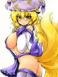 Rule 34 | 1girl, apron, ass, bare shoulders, blonde hair, blue thighhighs, blush, breasts, detached sleeves, embarrassed, female focus, fox tail, hat, large breasts, multiple tails, naked apron, no bra, no panties, okiraku nikku, revealing clothes, short hair, sideboob, simple background, solo, tail, tassel, thighhighs, touhou, yakumo ran, yellow eyes