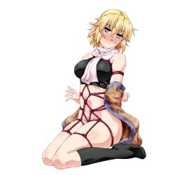 Rule 34 | 1girl, arms behind back, bare shoulders, bdsm, black socks, blonde hair, blush, bondage, bottomless, bound, bound arms, breasts, closed mouth, full body, green eyes, looking at viewer, medium breasts, mizuhashi parsee, navel, nose blush, off shoulder, ootsuki wataru, pointy ears, restrained, scarf, shibari, shibari over clothes, short hair, sitting, socks, solo, stomach, sweat, touhou, transparent background, undershirt, wariza, white scarf