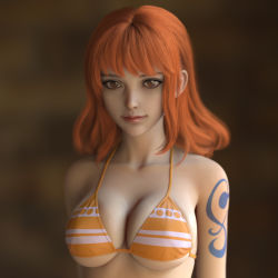 Rule 34 | 1girl, arms at sides, bikini, breasts, brown eyes, cleavage, collarbone, large breasts, long hair, looking at viewer, nami (one piece), one piece, orange bikini, orange hair, shadow, shousizhe, simple background, solo, standing, sweat, swimsuit, tattoo, underboob, upper body, wet