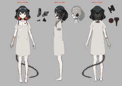 1girl bandaged_arm bandaged_hand bandages barcode barcode_tattoo bare_shoulders barefoot black_hair cable choker collarbone colored_inner_hair cyborg expressionless from_behind from_side grey_background halo headgear highres hospital_gown id_card low_twintails mechanical_ears mechanical_tail multicolored_hair multiple_views number_tattoo off_shoulder orange_eyes orange_hair orange_halo original pale_skin reference_sheet scar surgical_scar tail tattoo turnaround twintails zenmaibook