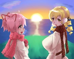 Rule 34 | 10s, 2girls, alternate breast size, blonde hair, blush, breasts, colorful, drill hair, earmuffs, gloves, hair ornament, hair ribbon, hairpin, highres, huge breasts, kaname madoka, looking at another, mahou shoujo madoka magica, mahou shoujo madoka magica (anime), mizuumi (bb), multiple girls, open mouth, orange theme, pink eyes, pink hair, ribbon, scarf, school uniform, short hair, short twintails, sky, sunset, tomoe mami, twin drills, twintails, yellow eyes