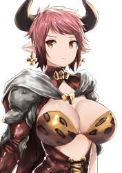 Rule 34 | 1girl, breasts, brown eyes, cleavage, cow horns, cross, cross earrings, earrings, granblue fantasy, highres, horns, iron cross, jewelry, jitome, large breasts, looking at viewer, norman maggot, pink hair, pointy ears, short hair, simple background, solo, sturm (granblue fantasy), white background