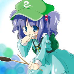 Rule 34 | 1girl, backpack, bag, blue dress, blue eyes, blue hair, blunt bangs, blush, closed mouth, dress, female focus, flat cap, frown, hair bobbles, hair ornament, hat, kawashiro nitori, looking at viewer, lowres, matching hair/eyes, pocket, pointing, simple background, solo, tajima yuuki, touhou, two side up, white background