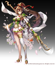 Rule 34 | 1girl, apple caramel, breasts, brown hair, cleavage, company name, dress, flower, full body, glint, gradient background, guan dao, hair between eyes, high heels, highres, holding, holding polearm, holding weapon, naginata, official art, polearm, ponytail, single thighhigh, solo, standing, thighhighs, watermark, weapon, white thighhighs, wide sleeves