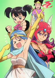 Rule 34 | 1boy, 3girls, armor, bikini armor, black hair, blue hair, breasts, cape, choker, circlet, cleavage, closed mouth, commentary request, dragon quest, dragon quest iii, dress, elbow gloves, fighter (dq3), fingerless gloves, fire, gloves, helmet, hyakuen raitaa, long hair, looking at viewer, magic, medium breasts, multiple girls, open mouth, purple hair, red armor, roto (dq3), sage (dq3), short hair, short twintails, simple background, smile, soldier (dq3), sword, twintails, weapon, winged helmet