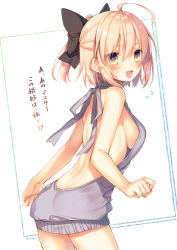 Rule 34 | 1girl, :d, ahoge, ass, backless dress, backless outfit, bare arms, bare back, blonde hair, blush, bow, breasts, commentary request, cowboy shot, dress, fate (series), flying sweatdrops, from side, hair bow, half updo, halterneck, highres, koha-ace, leaning forward, looking at viewer, medium breasts, meme attire, naked sweater, no bra, okita souji (fate), okita souji (koha-ace), open mouth, ponytail, short hair, sideboob, smile, solo, sweatdrop, sweater, sweater dress, toosaka asagi, translated, turtleneck, turtleneck sweater, virgin killer sweater, yellow eyes