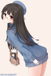 Rule 34 | 10s, 1girl, bag, bare legs, beret, black hair, blush, choukai (kancolle), dated, dress, fairy (kancolle), glasses, handbag, hat, highres, jewelry, kantai collection, long hair, looking at viewer, red eyes, ring, simple background, skilled lookouts (kancolle), smile, solo, sweater, sweater dress, twitter username, wedding band, yukichi (sukiyaki39)