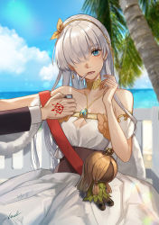 Rule 34 | 1girl, anastasia (fate), bad id, bad pixiv id, bare shoulders, blue eyes, choker, cigarette, cleavage cutout, clothing cutout, command spell, crown, doll, earrings, email2140, fate/grand order, fate (series), hair over one eye, hairband, highres, jewelry, lighter, lips, long hair, looking at viewer, mini crown, mouth hold, necklace, ocean, open mouth, palm tree, silver hair, single earring, sitting, tattoo, tree, upper body