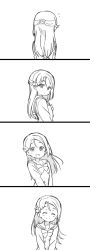 Rule 34 | ^^^, 1girl, 4koma, :d, ^ ^, closed eyes, closed mouth, comic, dot nose, closed eyes, facing away, facing viewer, floating hair, from side, greyscale, hair ornament, hairclip, half updo, happy, highres, long hair, long sleeves, looking at viewer, love live!, love live! sunshine!!, mezashi (mezamashi set), monochrome, open mouth, sailor collar, sakurauchi riko, school uniform, serafuku, silent comic, simple background, smile, solo, upper body, uranohoshi school uniform, v arms, white background