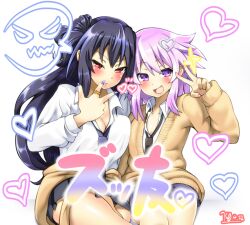 Rule 34 | 2girls, black hair, blowing kiss, blush, breast press, breasts, cleavage, heart, large breasts, legs, long hair, looking at viewer, multiple girls, necktie, neptune (neptunia), neptune (series), noire (neptunia), open mouth, purple eyes, purple hair, school uniform, short hair, skirt, small breasts, smile, sparkle, thighs, twintails, v