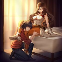 Rule 34 | 1boy, 1girl, absurdres, armor, armored boots, beatrix (ff9), belt, blush, boots, breasts, brown eyes, brown hair, chair, commission, curly hair, eyepatch, final fantasy, final fantasy ix, fingerless gloves, flustered, gloves, head between thighs, highres, kiss, kissing thigh, large breasts, leggings, legs, long hair, open mouth, pantyhose, rayleigh scale, sitting, smile, square enix, thigh grab, thighs